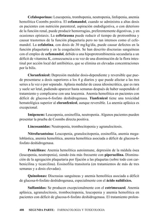 Cefalosporinas: Leucopenia, trombopenia, neutropenia, linfopenia, anemia
hemolítica Coombs positiva. El cefamandol, cuando se administra a altas dosis
en pacientes con nutrición parenteral, aspiración endodigestiva, o con deterioro
de la función renal, puede producir hemorragias, preferentemente digestivas, y en
ocasiones epístaxis. La ceftriaxona puede reducir el tiempo de protrombina y
causar trastornos de la función plaquetaria pero no tan intensos como el cefe-
mandol. La cefalotina, con dosis de 30 mg/kg/día, puede causar defectos en la
función plaquetaria y en la coagulación. Se han descrito discrasias sanguíneas
con el empleo de cefamandol, debido a una hipoprotrombinemia secundaria a un
déficit de vitamina K, consecuencia a su vez de una disminución de la flora intes-
tinal por acción local del antibiótico, que se elimina en elevadas concentraciones
por la bilis.
      Cloranfenicol: Depresión medular dosis-dependiente y reversible que pue-
de presentarse a dosis superiores a los 4 g diarios y que puede afectar a las tres
series a la vez o por separado. Aplasia medular de causa idiosincrática, que es rara
y suele ser letal, pudiendo aparecer hasta semanas después de haber suspendido el
tratamiento y complicarse con una leucemia. Anemia hemolítica en pacientes con
déficit de glucosa-6-fosfato deshidrogenasa. Tianfenicol tiene una toxicidad
hematológica superior al cloranfenicol, aunque reversible. La anemia aplásica es
excepcional.
     Imipenem: Leucopenia, eosinofilia, neutropenia. Algunos pacientes pueden
presentar la prueba de Coombs directa positiva.
      Lincosamidas: Neutropenia, trombocitopenia y agranulocitosis.
      Nitrofurantoína: Leucopenia, granulocitopenia, eosinofilia, anemia mega-
loblástica, anemia hemolítica, anemia hemolítica asociada a déficit de glucosa-6-
fosfato deshidrogenasa.
      Penicilinas: Anemia hemolítica autoinmune, depresión de la médula ósea
(leucopenia, neutropenia), siendo ésta más frecuente con piperacilina. Disminu-
ción de la agregación plaquetaria por fijación a las plaquetas (sobre todo con car-
benicilina y ticarcilina). Eosinofilia transitoria (en tratamientos de más de tres
semanas y a dosis elevadas).
      Quinolonas: Discrasias sanguíneas y anemia hemolítica asociada a déficit
de glucosa-6-fosfato deshidrogenasa, especialmente con el ácido nalidíxico.
      Sulfamidas: Se producen excepcionalmente con el cotrimoxazol. Anemia
aplásica, agranulocitosis, trombocitopenia, leucopenia y anemia hemolítica en
pacientes con déficit de glucosa-6-fosfato deshidrogenasa. El tratamiento prolon-


408   SEGUNDA PARTE: FARMACOLOGIA Y TOXICOLOGIA
 