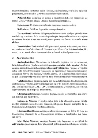 muerte inmediata, trastornos audio-visuales, alucinaciones, confusión, agitación
psicomotriz, convulsiones y pérdida ocasional de conciencia.
    Polipéptidos: Colistina se asocia a neurotoxicidad, con parestesias de
manos y pies, vértigos, ataxia. Bloqueo neuromuscular (apnea).
      Quinolonas: Cefaleas, somnolencia, insomnio, astenia, vértigo.
      Sulfamidas: Cefaleas, depresión, neuropatía óptica.
      Tetraciclinas: Síndrome de hipertensión intracraneal benigna (pseudotumor
cerebri), agravamiento de la miastenia gravis (por lo que debe evitarse su empleo
en estos enfermos), sensaciones vertiginosas graves con fármacos como la mino-
ciclina.
     Vancomicina: Toxicidad del VIII par craneal, que es infrecuente y se asocia
en ocasiones a insuficiencia renal. Neuropatía periférica. Con la teicoplanina, fár-
maco con acción similar a la vancomicina, se han descrito algunos casos.

d)    Aparato digestivo
      Aminoglucósidos: Alteraciones de la función hepática, con elevaciones de
la fosfatasa alcalina (fundamentalmente con gentamicina y tobramicina). Se han
descrito casos de necrosis hepática aguda con estreptomicina. Náuseas y vómitos,
sobre todo por estreptomicina y análogos. La neomicina y la paromomicina pue-
den causar por vía oral náuseas, vómitos, diarrea. En la administración prolonga-
da por vía oral puede ocasionar atrofia de la mucosa intestinal con malabsorción.
       Cefalosporinas: Principalmente con las cefalosporinas de administración
oral (náuseas, vómitos, diarrea inespecífica) o por C. difficile, molestias gástricas
etc.. Elevación de la AST, ALT, LDH, fosfatasa alcalina y bilirrubina, así como un
ligero aumento del tiempo de protrombina.
      Cloranfenicol: Náuseas, vómitos, diarrea, glositis y estomatitis, que apare-
cen también con tianfenicol.
      Imipenem: Náuseas y vómitos, sobre todo si la administración es rápida;
pueden aparecer casos de colitis pseudomembranosa. Ligeros aumentos de las
transaminasas, bilirrubina y fosfatasa alcalina.
      Lincosamidas: Diarrea, colitis pseudomembranosa en un 0,01 a 10 % de los
tratamientos. Elevación de las transaminasas hepáticas y hepatopatía, que puede
ser grave.
      Macrólidos: Náuseas y vómitos, diarreas (más frecuentes en los niños). La
eritromicina puede causar dolor abdominal, colitis pseudomembranosa, hepatitis


410    SEGUNDA PARTE: FARMACOLOGIA Y TOXICOLOGIA
 