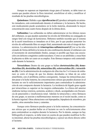 Aunque no suponen un importante riesgo para el lactante, se debe tener en
cuenta que pueden alterar la flora intestinal, sensibilizar al niño y modificar el
resultado de las pruebas microbiológicas.
      Quinolonas: Debido a que ciprofloxacino (C) produce artropatía en anima-
les inmaduros, está contraindicado durante el embarazo y la lactancia. De hecho,
este medicamento puede acumularse en la leche materna, alcanzando la mayor
concentración unas cuatro horas después de la última dosis.
      Sulfamidas: Las sulfamidas no deben administrarse en los últimos meses
del embarazo, ya que pueden aumentar los niveles de bilirrubina no conjugada en
sangre fetal con riesgo de kernicterus. Debemos también recordar que el sistema
de la acetil transferasa es inmaduro en el feto, por lo que pueden aumentar los
niveles de sulfonamida libre en sangre fetal, aumentando aún más el riesgo de ker-
nicterus. La administración de trimetoprima-sulfametoxazol (C) no se ha rela-
cionado de forma definitiva la toma de esta combinación durante el embarazo con
el incremento de anormalidades fetales, aunque es posible que haya una asocia-
ción con defectos congénitos cardiovasculares. Como es un antifolato y cruza bien
la placenta se debe ser cauto en su empleo. Este fármaco tampoco está contraindi-
cado durante la lactancia.
      Tetraciclinas: Dentro de este grupo se hallan clortetraciclina (D), deme-
clociclina (D), doxiciclina (D), minociclina (D), oxitetraciclina (D) y tetracicli-
na (D). Con la administración de cualquiera de ellas tras los 5 o 6 meses de emba-
razo se corre el riesgo de que los dientes deciduales se tiñan de un color
amarillento, con el problema estético consiguiente. Aunque las tetraciclinas pue-
den pasar a la leche materna, las concentraciones séricas que pueden alcanzar en el
lactante no son lo suficientemente importantes para contraindicar la administra-
ción de este compuesto durante la lactancia. La incidencia de hígado graso agudo
por tetraciclinas es superior en las mujeres embarazadas. La clínica del anterior
síndrome incluye ictericia, azotemia, acidosis y shock, acompañados con frecuen-
cia de pancreatitis e insuficiencia renal. Además la tetraciclina y otros fármacos
de este grupo, se asocian a malformaciones menores en el recién nacido, como es
la hernia inguinal. Otras alteraciones son hipospadias, hipoplasia de miembros, pie
zambo, otras anomalías óseas y cataratas.
      Aunque estos fármacos pueden pasar a la leche materna, las concentracio-
nes séricas que se pueden hallar en el lactante no son lo suficientemente altas
para contraindicar su empleo durante la lactancia. Por lo demás, aunque no hay
bibliografía al respecto, se debe tener en cuenta de que pueden modificar la flo-
ra intestinal, alterar las pruebas microbiológicas y ejercer un efecto directo sobre
el lactante.


418   SEGUNDA PARTE: FARMACOLOGIA Y TOXICOLOGIA
 