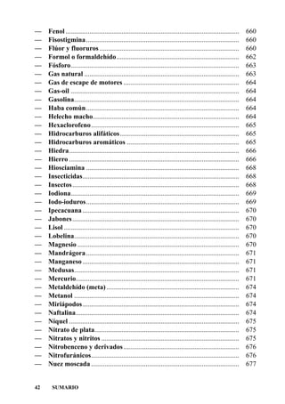 —    Fenol ......................................................................................................    660
—    Fisostigmina ..........................................................................................         660
—    Flúor y fluoruros ..................................................................................            660
—    Formol o formaldehído ........................................................................                  662
—    Fósforo...................................................................................................      663
—    Gas natural ...........................................................................................         663
—    Gas de escape de motores ....................................................................                   664
—    Gas-oil ...................................................................................................     664
—    Gasolina.................................................................................................       664
—    Haba común..........................................................................................            664
—    Helecho macho......................................................................................             664
—    Hexaclorofeno.......................................................................................            665
—    Hidrocarburos alifáticos ......................................................................                 665
—    Hidrocarburos aromáticos ..................................................................                     665
—    Hiedra....................................................................................................      666
—    Hierro ....................................................................................................     666
—    Hiosciamina ..........................................................................................          668
—    Insecticidas............................................................................................        668
—    Insectos ..................................................................................................     668
—    Iodiona...................................................................................................      669
—    Iodo-ioduros..........................................................................................          669
—    Ipecacuana ............................................................................................         670
—    Jabones ..................................................................................................      670
—    Lisol .......................................................................................................   670
—    Lobelina.................................................................................................       670
—    Magnesio ...............................................................................................        670
—    Mandrágora ..........................................................................................           671
—    Manganeso ............................................................................................          671
—    Medusas.................................................................................................        671
—    Mercurio................................................................................................        671
—    Metaldehído (meta) ..............................................................................               674
—    Metanol .................................................................................................       674
—    Miriápodos ............................................................................................         674
—    Naftalina................................................................................................       674
—    Níquel ....................................................................................................     675
—    Nitrato de plata.....................................................................................           675
—    Nitratos y nitritos .................................................................................           675
—    Nitrobenceno y derivados ....................................................................                   676
—    Nitrofuránicos.......................................................................................           676
—    Nuez moscada .......................................................................................            677


42     SUMARIO
 