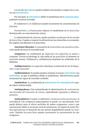 Los niveles de fenitoína pueden también incrementarse cuando ésta se aso-
cia con cloranfenicol.
     Por otra parte, la eritromicina inhibe el metabolismo de la carbamacepina,
pudiendo ocasionar toxicidad.
      El sulfametizol y el sulfafenazol pueden incrementar las concentraciones de
fenitoína.
     Fenobarbital y carbamacepina inducen el metabolismo de la doxiciclina
disminuyendo sus concentraciones séricas.
     La administración de fenitoína, puede ocasionar un descenso de los niveles
de doxiciclina. Cuando se requiere la utilización de una tetraciclina es recomenda-
ble emplear otra diferente a la doxiciclina.
     Anestésicos fluorados: La asociación de tetraciclinas con anestésicos fluo-
rados puede favorecer la toxicidad renal.
     Antigotosos: La combinación de alopurinol con ampicilina se asocia a
exantema. Probenecid prolonga la vida media de las penicilinas al disminuir su
excreción urinaria. Probenecid y sulfinpirazona desplazan las sulfamidas de la
albúmina.
      Antihipertensivos: La ampicilina disminuye la absorción de los ß-bloque-
antes orales (atenolol).
     Antihistamínicos: Se pueden producir arritmias al asociar eritromicina con
terfenadina, ya que el antibiótico inhibe su metabolismo. Difenhidramina puede
enmascarar los signos de toxicidad vestibular.
      Antimicóticos- La combinación de anfotericina B y aminoglicósidos pue-
de inducir nefrotoxicidad.
     Antimigrañosos: Está contraindicada la administración de roxitromicina
con derivados del cornezuelo de centeno, especialmente ergotamina y dihidroer-
gotamina.
      Antineoplásicos: Cuando se administra cotrimoxazol tras metotrexate, la
toxicidad de este compuesto (pancitopenia) se puede ver incrementada. Esto
puede deberse tanto al efecto antifolato de ambos compuestos, como a que
cotrimoxazol inhibe la secreción renal de metotrexate. El empleo de ácido folí-
nico para prevenir el desarrollo de una anemia megaloblástica puede ser nece-
sario. También las penicilinas pueden incrementar la concentración de este
compuesto.


CAPITULO II: FARMACOS: EFECTOS ADVERSOS, EMPLEO EN EL EMBARAZO,                421
                       INTERACCIONES E INTOXICACIONES
 