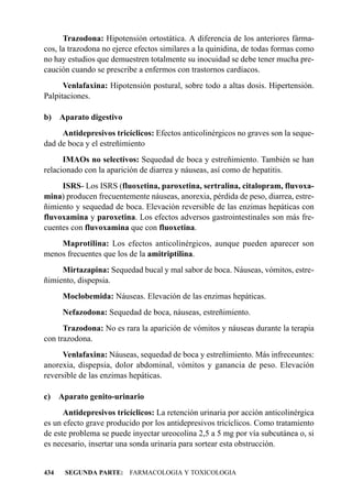 Trazodona: Hipotensión ortostática. A diferencia de los anteriores fárma-
cos, la trazodona no ejerce efectos similares a la quinidina, de todas formas como
no hay estudios que demuestren totalmente su inocuidad se debe tener mucha pre-
caución cuando se prescribe a enfermos con trastornos cardíacos.
      Venlafaxina: Hipotensión postural, sobre todo a altas dosis. Hipertensión.
Palpitaciones.

b)    Aparato digestivo
     Antidepresivos tricíclicos: Efectos anticolinérgicos no graves son la seque-
dad de boca y el estreñimiento
      IMAOs no selectivos: Sequedad de boca y estreñimiento. También se han
relacionado con la aparición de diarrea y náuseas, así como de hepatitis.
     ISRS- Los ISRS (fluoxetina, paroxetina, sertralina, citalopram, fluvoxa-
mina) producen frecuentemente náuseas, anorexia, pérdida de peso, diarrea, estre-
ñimiento y sequedad de boca. Elevación reversible de las enzimas hepáticas con
fluvoxamina y paroxetina. Los efectos adversos gastrointestinales son más fre-
cuentes con fluvoxamina que con fluoxetina.
    Maprotilina: Los efectos anticolinérgicos, aunque pueden aparecer son
menos frecuentes que los de la amitriptilina.
     Mirtazapina: Sequedad bucal y mal sabor de boca. Náuseas, vómitos, estre-
ñimiento, dispepsia.
      Moclobemida: Náuseas. Elevación de las enzimas hepáticas.
      Nefazodona: Sequedad de boca, náuseas, estreñimiento.
      Trazodona: No es rara la aparición de vómitos y náuseas durante la terapia
con trazodona.
      Venlafaxina: Náuseas, sequedad de boca y estreñimiento. Más infreceuntes:
anorexia, dispepsia, dolor abdominal, vómitos y ganancia de peso. Elevación
reversible de las enzimas hepáticas.

c) Aparato genito-urinario
      Antidepresivos tricíclicos: La retención urinaria por acción anticolinérgica
es un efecto grave producido por los antidepresivos tricíclicos. Como tratamiento
de este problema se puede inyectar ureocolina 2,5 a 5 mg por vía subcutánea o, si
es necesario, insertar una sonda urinaria para sortear esta obstrucción.


434    SEGUNDA PARTE: FARMACOLOGIA Y TOXICOLOGIA
 
