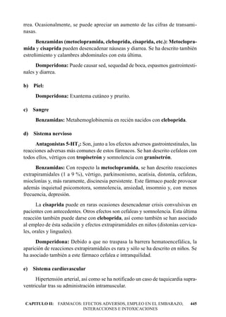 rrea. Ocasionalmente, se puede apreciar un aumento de las cifras de transami-
nasas.
      Benzamidas (metoclopramida, cleboprida, cisaprida, etc.): Metoclopra-
mida y cisaprida pueden desencadenar náuseas y diarrea. Se ha descrito también
estreñimiento y calambres abdominales con esta última.
      Domperidona: Puede causar sed, sequedad de boca, espasmos gastrointesti-
nales y diarrea.

b) Piel:
     Domperidona: Exantema cutáneo y prurito.

c) Sangre
     Benzamidas: Metahemoglobinemia en recién nacidos con cleboprida.

d) Sistema nervioso
      Antagonistas 5-HT3: Son, junto a los efectos adversos gastrointestinales, las
reacciones adversas más comunes de estos fármacos. Se han descrito cefaleas con
todos ellos, vértigos con tropisetrón y somnolencia con granisetrón.
     Benzamidas: Con respecto la metoclopramida, se han descrito reacciones
extrapiramidales (1 a 9 %), vértigo, parkinsonismo, acatisia, distonía, cefaleas,
mioclonías y, más raramente, discinesia persistente. Este fármaco puede provocar
además inquietud psicomotora, somnolencia, ansiedad, insomnio y, con menos
frecuencia, depresión.
      La cisaprida puede en raras ocasiones desencadenar crisis convulsivas en
pacientes con antecedentes. Otros efectos son cefaleas y somnolencia. Esta última
reacción también puede darse con cleboprida, así como también se han asociado
al empleo de ésta sedación y efectos extrapiramidales en niños (distonías cervica-
les, orales y linguales).
      Domperidona: Debido a que no traspasa la barrera hematoencefálica, la
aparición de reacciones extrapiramidales es rara y sólo se ha descrito en niños. Se
ha asociado también a este fármaco cefalea e intranquilidad.

e) Sistema cardiovascular
      Hipertensión arterial, así como se ha notificado un caso de taquicardia supra-
ventricular tras su administración intramuscular.


CAPITULO II: FARMACOS: EFECTOS ADVERSOS, EMPLEO EN EL EMBARAZO,                 445
                       INTERACCIONES E INTOXICACIONES
 