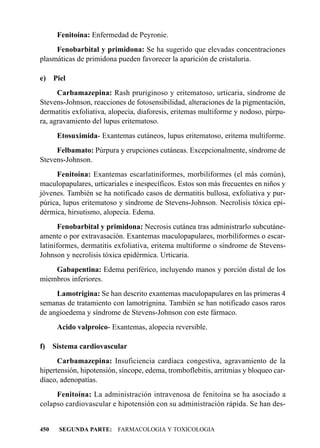 Fenitoína: Enfermedad de Peyronie.
     Fenobarbital y primidona: Se ha sugerido que elevadas concentraciones
plasmáticas de primidona pueden favorecer la aparición de cristaluria.

e)    Piel
      Carbamazepina: Rash pruriginoso y eritematoso, urticaria, síndrome de
Stevens-Johnson, reacciones de fotosensibilidad, alteraciones de la pigmentación,
dermatitis exfoliativa, alopecia, diaforesis, eritemas multiforme y nodoso, púrpu-
ra, agravamiento del lupus eritematoso.
       Etosuximida- Exantemas cutáneos, lupus eritematoso, eritema multiforme.
     Felbamato: Púrpura y erupciones cutáneas. Excepcionalmente, síndrome de
Stevens-Johnson.
     Fenitoína: Exantemas escarlatiniformes, morbiliformes (el más común),
maculopapulares, urticariales e inespecíficos. Estos son más frecuentes en niños y
jóvenes. También se ha notificado casos de dermatitis bullosa, exfoliativa y pur-
púrica, lupus eritematoso y síndrome de Stevens-Johnson. Necrolisis tóxica epi-
dérmica, hirsutismo, alopecia. Edema.
       Fenobarbital y primidona: Necrosis cutánea tras administrarlo subcutáne-
amente o por extravasación. Exantemas maculopapulares, morbiliformes o escar-
latiniformes, dermatitis exfoliativa, eritema multiforme o síndrome de Stevens-
Johnson y necrolisis tóxica epidérmica. Urticaria.
    Gabapentina: Edema periférico, incluyendo manos y porción distal de los
miembros inferiores.
     Lamotrigina: Se han descrito exantemas maculopapulares en las primeras 4
semanas de tratamiento con lamotrignina. También se han notificado casos raros
de angioedema y síndrome de Stevens-Johnson con este fármaco.
       Acido valproico- Exantemas, alopecia reversible.

f)    Sistema cardiovascular
      Carbamazepina: Insuficiencia cardíaca congestiva, agravamiento de la
hipertensión, hipotensión, síncope, edema, tromboflebitis, arritmias y bloqueo car-
díaco, adenopatías.
     Fenitoína: La administración intravenosa de fenitoína se ha asociado a
colapso cardiovascular e hipotensión con su administración rápida. Se han des-


450    SEGUNDA PARTE: FARMACOLOGIA Y TOXICOLOGIA
 