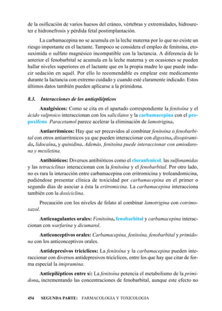 de la osificación de varios huesos del cráneo, vértebras y extremidades, hidroure-
ter e hidronefrosis y pérdida fetal postimplantación.
      La carbamacepina no se acumula en la leche materna por lo que no existe un
riesgo importante en el lactante. Tampoco se considera el empleo de fenitoína, eto-
suximida o sulfato magnésico incompatible con la lactancia. A diferencia de lo
anterior el fenobarbital se acumula en la leche materna y en ocasiones se pueden
hallar niveles superiores en el lactante que en la propia madre lo que puede indu-
cir sedación en aquél. Por ello lo recomendable es emplear este medicamento
durante la lactancia con extremo cuidado y cuando esté claramente indicado. Estos
últimos datos también pueden aplicarse a la primidona.

8.3.   Interacciones de los antiepilépticos
     Analgésicos: Como se cita en el apartado correspondiente la fenitoína y el
ácido valproico interaccionan con los salicilatos y la carbamacepina con el pro-
poxifeno. Paracetamol parece acelerar la eliminación de lamotrigina.
      Antiarrítmicos: Hay que ser precavidos al combinar fenitoína o fenobarbi-
tal con otros antiarrítmicos ya que pueden interaccionar con digoxina, disopirami-
da, lidocaína, y quinidina. Además, fenitoína puede interaccionar con amiodaro-
na y mexiletina.
      Antibióticos: Diversos antibióticos como el cloranfenicol, las sulfonamidas
y las tetraciclinas interaccionan con la fenitoína y el fenobarbital. Por otro lado,
no es rara la interacción entre carbamacepina con eritromicina y troleandomicina,
pudiéndose presentar clínica de toxicidad por carbamacepina en el primer o
segundo días de asociar a ésta la eritromicina. La carbamacepina interacciona
también con la doxiciclina.
      Precaución con los niveles de folato al combinar lamotrigina con cotrimo-
xazol.
     Anticoagulantes orales: Fenitoína, fenobarbital y carbamacepina interac-
cionan con warfarina y dicumarol.
     Anticonceptivos orales: Carbamacepina, fenitoína, fenobarbital y primido-
na con los anticonceptivos orales.
      Antidepresivos tricíclicos: La fenitoína y la carbamacepina pueden inte-
raccionar con diversos antidepresivos tricíclicos, entre los que hay que citar de for-
ma especial la imipramina.
     Antiepilépticos entre sí: La fenitoína potencia el metabolismo de la primi-
dona, incrementando las concentraciones de fenobarbital, aunque este efecto no


454    SEGUNDA PARTE: FARMACOLOGIA Y TOXICOLOGIA
 