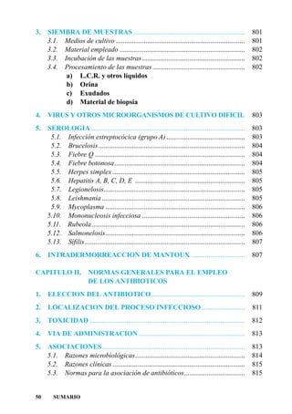3.    SIEMBRA DE MUESTRAS ................................................................                     801
      3.1. Medios de cultivo ..........................................................................        801
      3.2. Material empleado ........................................................................          802
      3.3. Incubación de las muestras ...........................................................              802
      3.4. Procesamiento de las muestras .....................................................                 802
            a) L.C.R. y otros líquidos
            b) Orina
            c) Exudados
            d) Material de biopsia
4. VIRUS Y OTROS MICROORGANISMOS DE CULTIVO DIFICIL                                                            803
5. SEROLOGIA ........................................................................................          803
    5.1. Infección estreptocócica (grupo A) .............................................                      803
    5.2. Brucelosis ....................................................................................       804
    5.3. Fiebre Q ......................................................................................       804
    5.4. Fiebre botonosa...........................................................................            804
    5.5. Herpes simplex ............................................................................           805
    5.6. Hepatitis A, B, C, D, E ...............................................................               805
    5.7. Legionelosis.................................................................................         805
    5.8. Leishmania ..................................................................................         805
    5.9. Mycoplasma ................................................................................           806
   5.10. Mononucleosis infecciosa ...........................................................                  806
   5.11. Rubeola........................................................................................       806
   5.12. Salmonelosis................................................................................          806
   5.13. Sífilis............................................................................................   807
6.    INTRADERMORREACCION DE MANTOUX ...............................                                           807

CAPITULO II. NORMAS GENERALES PARA EL EMPLEO
             DE LOS ANTIBIOTICOS
1.    ELECCION DEL ANTIBIOTICO......................................................                           809
2.    LOCALIZACION DEL PROCESO INFECCIOSO .........................                                            811
3.    TOXICIDAD .........................................................................................      812
4.    VIA DE ADMINISTRACION .............................................................                      813
5. ASOCIACIONES..................................................................................              813
   5.1. Razones microbiológicas...............................................................                 814
   5.2. Razones clínicas ............................................................................          815
   5.3. Normas para la asociación de antibióticos...................................                           815


50       SUMARIO
 