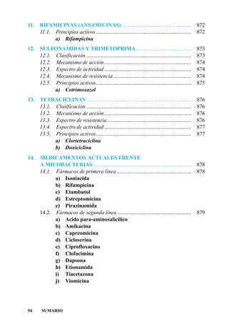 11. RIFAMICINAS (ANSAMICINAS) ...................................................                          872
    11.1. Principios activos ......................................................................        872
          a) Rifampicina
12.    SULFONAMIDAS Y TRIMETOPRIMA.........................................                                873
       12.1. Clasificación .............................................................................   873
       12.2. Mecanismo de acción ................................................................          874
       12.3. Espectro de actividad ................................................................        874
       12.4. Mecanismo de resistencia .........................................................            874
       12.5. Principios activos......................................................................      875
             a) Cotrimoxazol
13. TETRACICLINAS .............................................................................            876
    13.1. Clasificación .............................................................................      876
    13.2. Mecanismo de acción ................................................................             876
    13.3. Espectro de resistencia..............................................................            876
    13.4. Espectro de actividad ................................................................           877
    13.5. Principios activos......................................................................         877
          a) Clortetraciclina
          b) Doxiciclina
14.    MEDICAMENTOS ACTUALES FRENTE
       A MICOBACTERIAS ........................................................................            878
       14.1. Fármacos de primera línea .......................................................             878
             a) Isoniacida
             b) Rifampicina
             c) Etambutol
             d) Estreptomicina
             e) Pirazinamida
       14.2. Fármacos de segunda línea ......................................................              879
             a) Acido para-aminosalicílico
             b) Amikacina
             c) Capreomicina
             d) Cicloserina
             e) Ciprofloxacino
             f) Clofacimina
             g) Dapsona
             h) Etionamida
             i) Tiacetazona
             j) Viomicina




54      SUMARIO
 