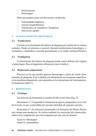 — Intoxicaciones.
       — Hemorragias
       Otros que pueden cursar con desviación a la derecha:
       —    Enfermedades hepáticas.
       —    Anemia megaloblásticas.
       —    Tratamiento con citostáticos. Neoplasias.
       —    Infecciones agudas.

5.     ALTERACIONES PLAQUETARIAS
5.1.    Trombocitosis
     Consiste en el incremento del número de plaquetas por encima de los valores
normales. Puede ser primaria o esencial, llamada trombocitemia hemorrágica, y
secundaria o sintomática, asociada generalmente a un estado mieloproliferativo

5.2.    Trombopenia
     La disminución del número de plaquetas puede causar defectos del coágulo
y hemorragias. Para el diagnóstico diferencial véase la tabla 6.

5.3.    Disfunciones plaquetarias
      Procesos en los que pueden aparecer hemorragias a pesar de existir cifras
normales de plaquetas. Esto es debido a la alteración de sus receptores específicos
en la membrana plaquetaria y por anomalías en los mecanismos de funcionamien-
to bioquímico (tabla 7).

6.     HEMOSTASIA
6.1.    Fisiología
       Los procesos de hemostasia se pueden dividir en dos fases (Fig. 2).
      Hemostasia 1.ª: Comprende la formación de tapones plaquetarios en el sitio
de la lesión, lo que va precedido por una fase inmediata de espasmo vascular.
     Hemostasia 2.ª: Es el proceso encaminado a la formación de fibrina. Precisa
más tiempo para producirse. Se realiza mediante las reacciones del sistema plas-
mático de la coagulación, que está compuesto por una serie de factores:
       Factor I o fibrinógeno
       Factor II o protrombina


98      PRIMERA PARTE: PRUEBAS DE LABORATORIO Y FUNCIONALES
 