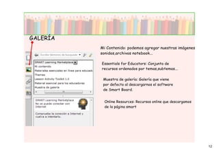 GALERÍA
          Mi Contenido: podemos agregar nuestras imágenes,
          sonidos,archivos notebook...

          Essentials for Educators: Conjunto de
          recursos ordenados por temas,subtemas...

           Muestra de galería: Galería que viene
           por defecto al descargarnos el software
           de Smart Board.


            Online Resources: Recursos online que descargamos
            de la página smart




                                                                12
 