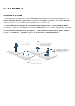 POLÍTICA DE GARANTIA
Condições Gerais da Garantia
A Daten oferece exclusivamente para os setores Público e Corporativo a Garantia Estendida modalidade on-site, com
períodos que podem variar entre 12 e 60 meses, de acordo com o contrato de fornecimento ajustado com cada cliente.
Os prazos de atendi- mento e solução também são específicos para cada contrato.
A Daten mantém técnicos disponíveis para atendimento remoto via telefone e chat. Caso não seja possível resolver
remotamente o problema, o técnico encaminhará a ocorrência para atendimento presencial através da rede autorizada.
Para minimizar o tempo de atendimento tenha em mãos o número de série do seu equipamento. Pedimos que esteja
próximo a seu equipamento e que disponha de cerca de 15 minutos para a avaliação do problema.
 
