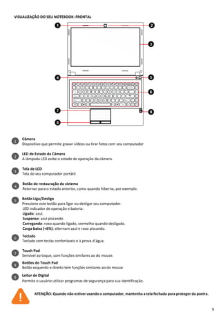 9
VISUALIZAÇÃO DO SEU NOTEBOOK: FRONTAL
Câmera
Dispositivo que permite gravar vídeos ou tirar fotos com seu computador
LED de Estado da Câmera
A lâmpada LED exibe o estado de operação da câmera.
Tela de LCD
Tela do seu computador portátil
Botão de restauração do sistema
Retornar para o estado anterior, como quando hiberna, por exemplo.
Botão Liga/Desliga
Pressione este botão para ligar ou desligar seu computador.
LED indicador de operação e bateria:
Ligado: azul.
Suspenso: azul piscando.
Carregando: roxo quando ligado, vermelho quando desligado.
Carga baixa (<6%): alternam azul e roxo piscando.
Teclado
Teclado com teclas confortáveis e à prova d’água.
Touch Pad
Sensível ao toque, com funções similares ao do mouse.
Botões do Touch Pad
Botão esquerdo e direito tem funções similares ao do mouse
Leitor de Digital
Permite o usuário utilizar programas de segurança para sua identificação.
ATENÇÃO: Quando não estiver usando o computador, mantenha a tela fechada para proteger da poeira.
1
2
4
3
5
6
7
8
9
 