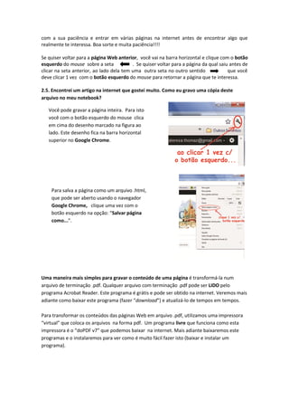 com a sua paciência e entrar em várias páginas na internet antes de encontrar algo que
realmente te interessa. Boa sorte e muita paciência!!!!

Se quiser voltar para a página Web anterior, você vai na barra horizontal e clique com o botão
esquerdo do mouse sobre a seta            . Se quiser voltar para a página da qual saiu antes de
clicar na seta anterior, ao lado dela tem uma outra seta no outro sentido              que você
deve clicar 1 vez com o botão esquerdo do mouse para retornar a página que te interessa.

2.5. Encontrei um artigo na internet que gostei muito. Como eu gravo uma cópia deste
arquivo no meu notebook?

   Você pode gravar a página inteira. Para isto
   você com o botão esquerdo do mouse clica
   em cima do desenho marcado na figura ao
   lado. Este desenho fica na barra horizontal
   superior no Google Chrome.




    Para salva a página como um arquivo .html,
    que pode ser aberto usando o navegador
    Google Chrome, clique uma vez com o
    botão esquerdo na opção: “Salvar página
    como...”.




Uma maneira mais simples para gravar o conteúdo de uma página é transformá-la num
arquivo de terminação .pdf. Qualquer arquivo com terminação .pdf pode ser LIDO pelo
programa Acrobat Reader. Este programa é grátis e pode ser obtido na internet. Veremos mais
adiante como baixar este programa (fazer “download”) e atualizá-lo de tempos em tempos.

Para transformar os conteúdos das páginas Web em arquivo .pdf, utilizamos uma impressora
“virtual” que coloca os arquivos na forma pdf. Um programa livre que funciona como esta
impressora é o “doPDF v7” que podemos baixar na internet. Mais adiante baixaremos este
programas e o instalaremos para ver como é muito fácil fazer isto (baixar e instalar um
programa).
 