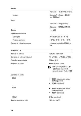 Bateria
9 células — 40,15 mm (1,58 pol.)
Largura 6 células/9 células — 255,60
mm (10,06 pol.)
Peso
6 células — 340 g (0,75 lb)
9 células — 504,50 g (1,11 lb)
Tensão 11,1 VDC
Faixa de temperatura:
Operação 0 °C a 35 °C (32 °F a 95 °F)
Fora de operação -40 °C a 65 °C (-40 °F a 149 °F)
Bateria de célula tipo moeda célula de íon de lítio CR2032 de
3 V
Adaptador CA
Tensão de entrada 100 V CA a 240 V CA
Corrente de entrada (máxima) 1,5 A / 1,6 A / 1,7 A / 2,3 A / 2,5 A
Frequência de entrada 50 Hz a 60 Hz
Potência de saída 65 W, 90 W ou 130 W
NOTA: O adaptador CA de
130 W está disponível
somente para o Vostro 3750.
Corrente de saída:
65 W
• 4,34 A (máxima, em pulsos
de 4 segundos)
• 3,34 A (contínua)
90 W
• 5,62 A (máxima, em pulsos
de 4 segundos)
• 4,62 A (contínua)
130 W 6,70 A (contínua)
Tensão nominal de saída 19,5 +/–1,0 VCC
114
 