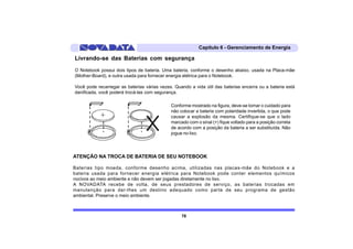 Capítulo 6 - Gerenciamento de Energia

Livrando-se das Baterias com segurança
O Notebook possui dois tipos de bateria. Uma bateria, conforme o desenho abaixo, usada na Placa-mãe
(Mother-Board), e outra usada para fornecer energia elétrica para o Notebook.

Você pode recarregar as baterias várias vezes. Quando a vida útil das baterias encerra ou a bateria está
danificada, você poderá trocá-las com segurança.

                                             Conforme mostrado na figura, deve-se tomar o cuidado para
                                             não colocar a bateria com polaridade invertida, o que pode
                                             causar a explosão da mesma. Certifique-se que o lado
                                             marcado com o sinal (+) fique voltado para a posição correta
                                             de acordo com a posição da bateria a ser substituída. Não
                                             jogue no lixo.




ATENÇÃO NA TROCA DE BATERIA DE SEU NOTEBOOK

Baterias tipo moeda, conforme desenho acima, utilizadas nas placas-mãe do Notebook e a
bateria usada para fornecer energia elétrica para Notebook pode conter elementos químicos
nocivos ao meio ambiente e não devem ser jogadas diretamente no lixo.
A NOVADATA recebe de volta, de seus prestadores de serviço, as baterias trocadas em
manutenção para dar-lhes um destino adequado como parte de seu programa de gestão
ambiental. Preserve o meio ambiente.



                                                  78
 