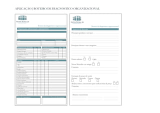 APLICAÇÃO| ROTEIRO DE DIAGNÓSTICO ORGANIZACIONAL




 Checklist de abertura do Projeto   Roteiro de diagnóstico organizacional                                                  Roteiro de diagnóstico organizacional
                                                                                        Checklist de abertura do Projeto
  Organização, adminstração e planejamento                                               Aspectos de Mercado
                                                                                        Principais produtos e serviços:


 Sócio                                    Função                  Participação


                                                                                        Principais clientes e suas categorias:
 Planejamento de Atividades   Sim   Não    Controles Existentes             Sim   Não
 Marketing & Vendas




                                                                                                           Sim      Não
                                           Custos
                                                                                        Possui cadastro                     OBS:
 Estrutura                    Ótimo Bom   Reg   Ruim              Comente
                                                                                                                            Sim      Não
                                                                                        Novos Mercados a se atingir
                                                                                        Comente:



                                                                                        Formação do preço de venda
                                                                                        Procura Mercado Custos                    Outros
                                                                                                                                                        Sim   Não

                                                                                        Realiza visita a concorrentes para verificar listas de preço
                                                                                        Comente:



                                                                                         Maiores concorrentes
Esboço do organograma                      Pontos fortes e fracos da administração
 