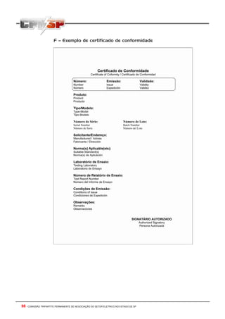 98 - COMISSÃO TRIPARTITE PERMANENTE DE NEGOCIAÇÃO DO SETOR ELETRICO NO ESTADO DE SP
F – Exemplo de certificado de conformidade
 