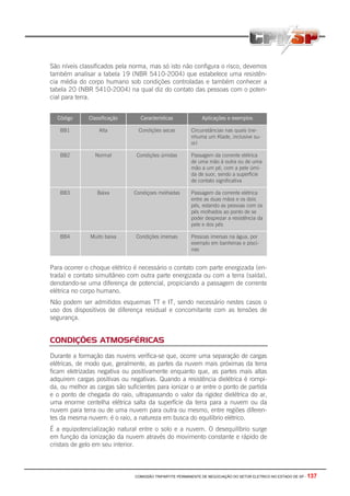 COMISSÃO TRIPARTITE PERMANENTE DE NEGOCIAÇÃO DO SETOR ELETRICO NO ESTADO DE SP - 137
São níveis classificados pela norma, mas só isto não configura o risco, devemos
também analisar a tabela 19 (NBR 5410-2004) que estabelece uma resistên-
cia média do corpo humano sob condições controladas e também conhecer a
tabela 20 (NBR 5410-2004) na qual diz do contato das pessoas com o poten-
cial para terra.
Código Classificação Características Aplicações e exemplos
BB1 Alta Condições secas Circunstâncias nas quais (ne-
nhuma um Klade, inclusive su-
or)
BB2 Normal Condições úmidas Passagem da corrente elétrica
de uma mão à outra ou de uma
mão a um pé, com a pele úmi-
da de suor, sendo a superfície
de contato significativa
BB3 Baixa Condiçoes molhadas Passagem da corrente elétrica
entre as duas mãos e os dois
pés, estando as pessoas com os
pés molhados ao ponto de se
poder desprezar a resistência da
pele e dos pés
BB4 Muito baixa Condições imersas Pessoas imersas na água, por
exemplo em banheiras e pisci-
nas
Para ocorrer o choque elétrico é necessário o contato com parte energizada (en-
trada) e contato simultâneo com outra parte energizada ou com a terra (saída),
denotando-se uma diferença de potencial, propiciando a passagem de corrente
elétrica no corpo humano.
Não podem ser admitidos esquemas TT e IT, sendo necessário nestes casos o
uso dos dispositivos de diferença residual e concomitante com as tensões de
segurança.
CONDIÇÕES ATMOSFÉRICAS
Durante a formação das nuvens verifica-se que, ocorre uma separação de cargas
elétricas, de modo que, geralmente, as partes da nuvem mais próximas da terra
ficam eletrizadas negativa ou positivamente enquanto que, as partes mais altas
adquirem cargas positivas ou negativas. Quando a resistência dielétrica é rompi-
da, ou melhor as cargas são suficientes para ionizar o ar entre o ponto de partida
e o ponto de chegada do raio, ultrapassando o valor da rigidez dielétrica do ar,
uma enorme centelha elétrica salta da superfície da terra para a nuvem ou da
nuvem para terra ou de uma nuvem para outra ou mesmo, entre regiões diferen-
tes da mesma nuvem: é o raio, a natureza em busca do equilíbrio elétrico.
É a equipotencialização natural entre o solo e a nuvem. O desequilíbrio surge
em função da ionização da nuvem através do movimento constante e rápido de
cristais de gelo em seu interior.
 