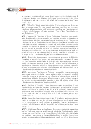 142 - COMISSÃO TRIPARTITE PERMANENTE DE NEGOCIAÇÃO DO SETOR ELETRICO NO ESTADO DE SP
de promoção e preservação da saúde do conjunto dos seus trabalhadores. A
fundamentação legal, ordinária e específica, que dá embasamento jurídico à e-
xistência desta NR, são os artigos 168 e 169 da Consolidação das Leis Traba-
lhistas - CLT.
NR8 - Edificações: Dispõe sobre os requisitos técnicos mínimos que devem ser
observados nas edificações para garantir segurança e conforto aos que nelas
trabalham. A fundamentação legal, ordinária e específica, que dá embasamento
jurídico à existência desta NR, são os artigos 170 a 174 da Consolidação das
Leis Trabalhistas - CLT.
NR9 - Programas de Prevenção de Riscos Ambientais: Estabelece a obrigatorie-
dade de elaboração e implementação, por parte de todos os empregadores e
instituições que admitam trabalhadores como empregados, do Programa de
Prevenção de Riscos Ambientais - PPRA, visando à preservação da saúde e da
integridade física dos trabalhadores, através da antecipação, reconhecimento,
avaliação e conseqüente controle da ocorrência de riscos ambientais existentes
ou que venham a existir no ambiente de trabalho, tendo em consideração a
proteção do meio ambiente e dos recursos naturais. A fundamentação legal, or-
dinária e específica, que dá embasamento jurídico à existência desta NR, são
os artigos 175 a 178 da Consolidação das Leis Trabalhistas - CLT.
NR11 - Transporte, Movimentação, Armazenagem e Manuseio de Materiais:
Estabelece os requisitos de segurança a serem observados nos locais de traba-
lho, no que se refere ao transporte, à movimentação, à armazenagem e ao ma-
nuseio de materiais, tanto de forma mecânica quanto manual, objetivando a
prevenção de infortúnios laborais. A fundamentação legal, ordinária e específi-
ca, que dá embasamento jurídico à existência desta NR, são os artigos 182 e
183 da Consolidação das Leis Trabalhistas - CLT.
NR12 - Máquinas e Equipamentos: Estabelece as medidas prevencionistas de
segurança e higiene do trabalho a serem adotadas pelas empresas em relação à
instalação, operação e manutenção de máquinas e equipamentos, visando à
prevenção de acidentes do trabalho. A fundamentação legal, ordinária e especi-
fica, que dá embasamento jurídico à existência desta NR, são os artigos 184 e
186 da Consolidação das Leis Trabalhistas - CLT.
NR13 - Caldeiras e Vasos de Pressão: Estabelece todos os requisitos técnico-
legais relativos à instalação, operação e manutenção de caldeiras e vasos de
pressão, de modo a se prevenir a ocorrência de acidentes do trabalho. A fun-
damentação legal, ordinária e específica, que dá embasamento jurídico à exis-
tência desta NR, são os artigos 187 e 188 da Consolidação das Leis
Trabalhistas - CLT.
NR14 - Fornos: Estabelece as recomendações técnico-legais pertinentes à cons-
trução, operação e manutenção de fornos industriais nos ambientes de traba-
lho. A fundamentação legal, ordinária e específica, que dá embasamento
jurídico à existência desta NR, é o artigo 187 da Consolidação das Leis Traba-
lhistas - CLT.
NR15 - Atividades e Operações Insalubres: Descreve as atividades, operações e
agentes insalubres, inclusive seus limites de tolerância, definindo assim, as si-
tuações que, quando vivenciadas nos ambientes de trabalho pelos trabalhado-
res, ensejam a caracterização do exercício insalubre, e também os meios de
proteger os trabalhadores de tais exposições nocivas à sua saúde. A fundamen-
 