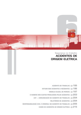 6
Segurança no trabalho
ACIDENTES DE
ORIGEM ELETRICA
ACIDENTE DO TRABALHO »
ESTUDO DOS ACIDENTES E INCIDENTES »
MODELO CAUSAL DE PERDAS »
O ICEBERG DOS CUSTOS PRODUZIDOS PELOS ACIDENTES »
CAT – COMUNICAÇÃO DE ACIDENTE DO TRABALHO »
RELATÓRIOS DE ACIDENTES »
RESPONSABILIDADE CIVIL E CRIMINAL NO ACIDENTE DO TRABALHO »
CASOS DE ACIDENTES DE ORIGEM ELÉTRICA »
p.195
p.196
p.197
p.203
p.204
p.204
p.205
p.215
 