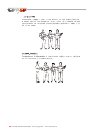 266 - COMISSÃO TRIPARTITE PERMANENTE DE NEGOCIAÇÃO DO SETOR ELETRICO NO ESTADO DE SP
Três pessoas
Uma segura a cabeça e costas, a outra, a cintura e a parte superior das coxas.
A terceira segura a parte inferior das coxas e pernas. Os movimentos das três
pessoas devem ser simultâneos, para impedir deslocamentos da cabeça, colu-
na, coxas e pernas.
Quatro pessoas
Semelhante ao de três pessoas. A quarta pessoa imobiliza a cabeça da vítima
impedindo qualquer tipo de deslocamento.
 