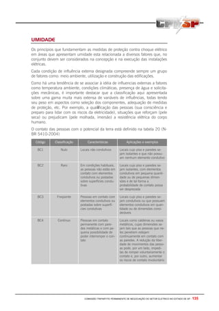 COMISSÃO TRIPARTITE PERMANENTE DE NEGOCIAÇÃO DO SETOR ELETRICO NO ESTADO DE SP - 135
UMIDADE
Os princípios que fundamentam as medidas de proteção contra choque elétrico
em áreas que apresentam umidade esta relacionada a diversos fatores que, no
conjunto devem ser considerados na concepção e na execução das instalações
elétricas.
Cada condição de influência externa designada compreende sempre um grupo
de fatores como: meio ambiente, utilização e construção das edificações.
Como há uma tendência de se associar à idéia de influencias externas a fatores
como temperatura ambiente, condições climáticas, presença de água e solicita-
ções mecânicas, é importante destacar que a classificação aqui apresentada
sobre uma gama muita mais extensa de variáveis de influências, todas tendo
seu peso em aspectos como seleção dos componentes, adequação de medidas
de proteção, etc. Por exemplo, a qualificação das pessoas (sua consciência e
preparo para lidar com os riscos da eletricidade), situações que reforçam (pele
seca) ou prejudicam (pele molhada, imersão) a resistência elétrica do corpo
humano.
O contato das pessoas com o potencial da terra está definido na tabela 20 (N-
BR 5410-2004)
Código Classificação Características Aplicações e exemplos
BC1 Nulo Locais não condutivos Locais cujo piso e paredes se-
jam isolantes e que não possu-
am nenhum elemento condutivo
BC2 Raro Em condições habituais,
as pessoas não estão em
contato com elementos
condutivos ou postadas
sobre superfícies condu-
tivas
Locais cujo piso e paredes se-
jam isolantes, com elementos
condutivos em pequena quanti-
dade ou de pequenas dimen-
sões e de tal forma a
probabilidade de contato possa
ser desprezada
BC3 Freqüente Pessoas em contato com
elementos condutivos ou
postadas sobre superfí-
cies condutivas
Locais cujo piso e paredes se-
jam condutivos ou que possuam
elementos condutivos em quan-
tidade ou de dimensões consi-
deráveis
BC4 Contínuo Pessoas em contato
permanente com pare-
des metálicas e com pe-
quena possibilidade de
poder interromper o con-
tato
Locais como caldeiras ou vasos
metálicos, cujas dimensões se-
jam tais que as pessoas que ne-
les penetrem estejam
continuamente em contato com
as paredes. A redução da liber-
dade de movimentos das pesso-
as pode, por um lado, impedi-
las de romper voluntariamente o
contato e, por outro, aumentar
os riscos de contato involuntário
 