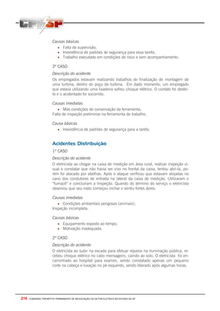 216 - COMISSÃO TRIPARTITE PERMANENTE DE NEGOCIAÇÃO DO SETOR ELETRICO NO ESTADO DE SP
Causas básicas
• Falta de supervisão;
• Inexistência de padrões de segurança para essa tarefa;
• Trabalho executado em condições de risco e sem acompanhamento.
2º CASO
Descrição do acidente
Os empregados estavam realizando trabalhos de finalização de montagem de
uma turbina, dentro do poço da turbina. Em dado momento, um empregado
que estava utilizando uma lixadeira sofreu choque elétrico. O contato foi desfei-
to e o acidentado foi socorrido.
Causas imediatas
• Más condições de conservação da ferramenta;
Falta de inspeção preliminar na ferramenta de trabalho.
Causa básicas
• Inexistência de padrões de segurança para a tarefa.
Acidentes Distribuição
1º CASO
Descrição do acidente
O eletricista ao chegar na caixa de medição em área rural, realizar inspeção vi-
sual e constatar que não havia ser vivo no frontal da caixa, tentou abri-la, po-
rém foi atacado por abelhas. Após o ataque verificou que estavam alojadas no
cano dos condutores de entrada na lateral da caixa de medição. Utilizaram o
“fumacê” e concluíram a Inspeção. Quando do término do serviço o eletricista
observou que seu rosto começou inchar e sentiu fortes dores.
Causas imediatas
• Condições ambientais perigosas (animais);
Inspeção incompleta.
Causas básicas
• Equipamento exposto ao tempo;
• Motivação inadequada.
2º CASO
Descrição do acidente:
O eletricista ao subir na escada para efetuar reparos na iluminação pública, re-
cebeu choque elétrico no cabo mensageiro, caindo ao solo. O eletricista foi en-
caminhado ao hospital para exames, sendo constatado apenas um pequeno
corte na cabeça e luxação no pé esquerdo, sendo liberado após algumas horas.
 