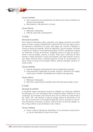 218 - COMISSÃO TRIPARTITE PERMANENTE DE NEGOCIAÇÃO DO SETOR ELETRICO NO ESTADO DE SP
Causas imediatas
• Não cumprimento de procedimentos de abertura de chaves e trabalho em
estrutura desenergizada;
• Não testaram e não aterraram o circuito.
Causas básicas
• Motivação inadequada;
• Falta de supervisão e planejamento
5º CASO
Descrição do acidente
Uma dupla de eletricistas estava realizando uma ligação provisória secundária
para um show na praça. Rapidamente o eletricista que iria subir pegou a esca-
da extensível e colocando-a no poste. Este pegou seu cinturão e talabarte, o
mesmo já estava de capacete, óculos de segurança, luva de vaqueta. Iniciando
a subida sem esperar o outro eletricista preparar os EPC’s necessários (mantas
de isolamento e lençol de borracha). Chegando próximo ao topo da escada e
frente a rede secundária, amarrou a escada. Pediu para o eletricista de baixo
fornecer a fiação provisória e puxou bruscamente, pois estes estavam enrosca-
dos. Neste momento tocou o cotovelo esquerdo na fase “A” da secundária e a
perna direita no braço de Iluminação Pública, sofrendo fibrilação cardíaca, le-
vando a óbito.
Causas imediatas
• Falta de integração e planejamento entre os integrantes da equipe;
• Posicionamento inadequado da escada, ficando o eletricista com espaço
restrito para o trabalho, desobedecendo a distância de segurança.
Causas básicas
• Motivação inadequada;
• Não houve supervisão dos trabalhos pelo eletricista posicionado no solo.
6º CASO
Descrição do acidente:
O serralheiro estava executando serviços de soldagem em estruturas metálicas
de edificação civil, com esticadores fixos e fixação de telhas metálicas em uma
construção. Ao manusear uma barra de ferro com 6 metros de comprimento e
de bitola 3/8”, não observou a rede de energia elétrica de alta tensão (13,8
kV), que se encontrava a uma distância legal pela norma, do ponto em que es-
tava executando os serviços, encostou a barra de ferro na fase da calçada, so-
freu choque elétrico e caiu do telhado e veio a falecer.
Causas imediatas
• Houve a falta de atenção do acidentado, em ao manusear a barra de fer-
ro, não ter observado os riscos ao seu redor.
 