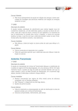COMISSÃO TRIPARTITE PERMANENTE DE NEGOCIAÇÃO DO SETOR ELETRICO NO ESTADO DE SP - 219
Causas indiretas
• Não houve planejamento da equipe em relação aos serviços a serem exe-
cutados de montagem das estruturas metálicas com relação as condições
existente no local.
7º CASO
Descrição do acidente
A equipe recebeu solicitação de atendimento para realizar ligação nova em
condomínio residencial, um dos eletricistas apoiou a escada na coluna de con-
creto, subiu até o topo da coluna, amarrou-se com talabarte e no momento em
que se posicionava na escada para iniciar o trabalho, a coluna de concreto
quebrou na base, o que fez com que o eletricista também caísse no solo. O ele-
tricista sofreu traumatismo craniano, mas sobreviveu.
Causas imediatas
• Não efetuou o teste de tração na coluna antes de subir para efetuar a li-
gação.
Causas básicas
• Coluna construída em desacordo com o padrão;
• Falha de supervisão (permitir que o eletricista suba sem efetuar o teste de
tração na coluna).
Acidentes Transmissão
1º CASO
Descrição do acidente
A equipe de manutenção de Linhas de Transmissão efetuava a substituição de
cruzetas em regime de linha desenergizada, em uma estrutura, 69 kV. Em dado
momento houve a quebra do topo do poste de concreto fazendo com que os
cabos viessem a tocar na Rede Primária da Distribuição, em cruzamento logo
abaixo, levando 3 eletricistas a sofrerem choque elétrico.
Causas imediatas
• Realizar manutenção (em regime de linha morta) acima de estrutura
energizada, sem as devidas proteções;
• Não “bloquear” o religamento da rede logo abaixo;
• Quebra da ponta do poste.
Causas básicas
• Falta de isolamento ou desenergização da rede de distribuição na área de
possível contato com a linha de transmissão;
• Estrutura comprometida, internamente, pelo tempo.
 