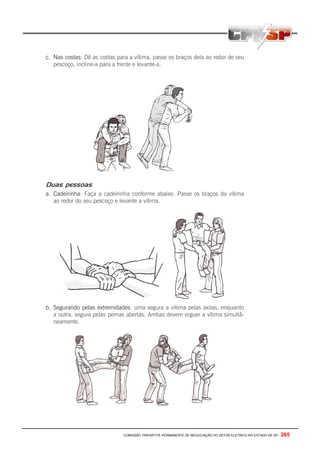 COMISSÃO TRIPARTITE PERMANENTE DE NEGOCIAÇÃO DO SETOR ELETRICO NO ESTADO DE SP - 265
c. Nas costas: Dê as costas para a vítima, passe os braços dela ao redor de seu
pescoço, incline-a para a frente e levante-a.
Duas pessoas
a. Cadeirinha: Faça a cadeirinha conforme abaixo. Passe os braços da vítima
ao redor do seu pescoço e levante a vítima.
b. Segurando pelas extremidades: uma segura a vítima pelas axilas, enquanto
a outra, segura pelas pernas abertas. Ambas devem erguer a vítima simultâ-
neamente.
 