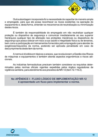 10
Outra abordagem incorporada foi a necessidade de capacitar de maneira ampla
o empregado, para que ele possa reconhecer os riscos existentes na operação do
equipamento e, desta forma, entender os mecanismos de neutralização ou minimização
destes riscos.
É também da responsabilidade do empregado em não neutralizar qualquer
proteção ou dispositivo de segurança e comunicar imediatamente ao seu superior
hierárquico qualquer tipo de alteração nas proteções mecânicas ou dispositivos de
segurança que possa colocar em risco a sua saúde e integridade física ou de terceiros,
bem como a participação em treinamentos fornecidos pelo empregador para atender às
exigências/requisitos da norma, podendo ser aplicada penalidade em caso de
descumprimento deste item da norma.
A norma é dividida em tópicos e anexos, que revolucionam a Gestão dos Riscos
de máquinas e equipamentos e também aborda aspectos ergonômicos e riscos adi-
cionais.
As indústrias farmacêuticas precisam também considerar os requisitos deter-
minados pelas normas oﬁciais vigentes expedidas pelos órgãos reguladores de
vigilância sanitária, para atendimento aos preceitos da NR-12 (item 12.116.2).
No APÊNDICE I - FLUXO LÓGICO DE IMPLEMENTAÇÃO NR-12
é apresentado um ﬂuxo para implementar a norma.
NO RMA DE SEGUR ANÇA
NR-12
NORMA
REGULAMENTADORA
 