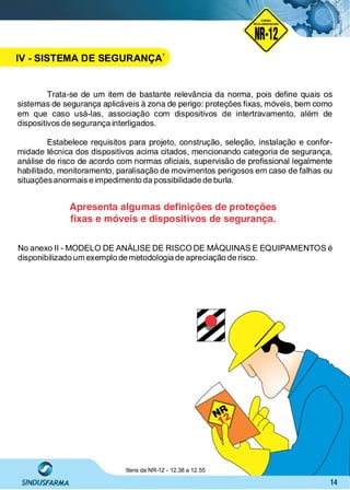 14
Trata-se de um item de bastante relevância da norma, pois deﬁne quais os
sistemas de segurança aplicáveis à zona de perigo: proteções ﬁxas, móveis, bem como
em que caso usá-las, associação com dispositivos de intertravamento, além de
dispositivos de segurança interligados.
Estabelece requisitos para projeto, construção, seleção, instalação e confor-
midade técnica dos dispositivos acima citados, mencionando categoria de segurança,
análise de risco de acordo com normas oﬁciais, supervisão de proﬁssional legalmente
habilitado, monitoramento, paralisação de movimentos perigosos em caso de falhas ou
situaçõesanormais e impedimento da possibilidade de burla.
No anexo II - MODELO DE ANÁLISE DE RISCO DE MÁQUINAS E EQUIPAMENTOS é
disponibilizado um exemplo de metodologia de apreciação de risco.
Apresenta algumas deﬁnições de proteções
ﬁxas e móveis e dispositivos de segurança.
Itens da NR-12 - 12.38 a 12.557
NO RMA DE SEGUR ANÇA
NR-12
NORMA
REGULAMENTADORA
IV - SISTEMA DE SEGURANÇA
7
 
