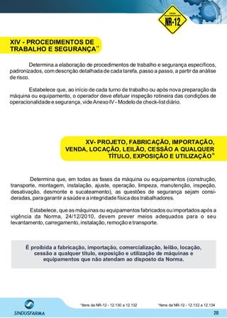 20
Determina a elaboração de procedimentos de trabalho e segurança especíﬁcos,
padronizados, com descrição detalhada de cada tarefa, passo a passo, a partir da análise
de risco.
Estabelece que, ao início de cada turno de trabalho ou após nova preparação da
máquina ou equipamento, o operador deve efetuar inspeção rotineira das condições de
operacionalidade e segurança, vide Anexo IV- Modelo de check-listdiário.
Determina que, em todas as fases da máquina ou equipamentos (construção,
transporte, montagem, instalação, ajuste, operação, limpeza, manutenção, inspeção,
desativação, desmonte e sucateamento), as questões de segurança sejam consi-
deradas, para garantir a saúde e a integridade física dos trabalhadores.
Estabelece, que as máquinas ou equipamentos fabricados ou importados após a
vigência da Norma, 24/12/2010, devem prever meios adequados para o seu
levantamento, carregamento,instalação,remoção e transporte.
É proibida a fabricação, importação, comercialização, leilão, locação,
cessão a qualquer título, exposição e utilização de máquinas e
equipamentos que não atendam ao disposto da Norma.
XIV - PROCEDIMENTOS DE
TRABALHO E SEGURANÇA
17
XV- PROJETO, FABRICAÇÃO, IMPORTAÇÃO,
VENDA, LOCAÇÃO, LEILÃO, CESSÃO A QUALQUER
TÍTULO, EXPOSIÇÃO E UTILIZAÇÃO
18
17
Itens da NR-12 - 12.130 a 12.132 Itens da NR-12 - 12.132 a 12.13418
NO RMA DE SEGUR ANÇA
NR-12
NORMA
REGULAMENTADORA
 