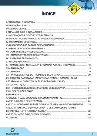 3
ÍNDICE
INTRODUÇÃO - A INDÚSTRIA............................................................................................ 4
INTRODUÇÃO - A NR-12..................................................................................................... 9
PRINCÍPIOS GERAIS.......................................................................................................... 11
I- ARRANJO FÍSICO E INSTALAÇÕES............................................................................... 11
II - INSTALAÇÕES E DISPOSITIVOS ELÉTRICOS............................................................ 12
III- DISPOSITIVOS DE PARTIDA, ACIONAMENTO E PARADA......................................... 13
IV- SISTEMAS DE SEGURANÇA........................................................................................ 14
V - DISPOSITIVOS DE PARADA DE EMERGÊNCIA.......................................................... 15
VI- MEIOS DE ACESSO PERMANENTES.......................................................................... 15
VII- COMPONENTES PRESSURIZADOS........................................................................... 16
VIII - TRANSPORTADORES DE MATERIAIS..................................................................... 16
IX - ASPECTOS ERGONÔMICOS....................................................................................... 17
X - RISCOS ADICIONAIS..................................................................................................... 17
XI - MANUTENÇÃO, INSPEÇÃO, PREPARAÇÃO, AJUSTES E REPAROS...................... 18
XII - SINALIZAÇÃO.............................................................................................................. 19
XIII - MANUAIS..................................................................................................................... 19
XIV - PROCEDIMENTOS DE TRABALHO E SEGURANÇA............................................... 20
XV- PROJETO, FABRICAÇÃO, IMPORTAÇÃO, VENDA, LOCAÇÃO, LEILÃO,
CESSÃO A QUALQUER TÍTULO, EXPOSIÇÃO E UTILIZAÇÃO....................................... 20
XVI- CAPACITAÇÃO............................................................................................................ 21
XVII - OUTROS REQUISITOS ESPECÍFICOS DE SEGURANÇA...................................... 21
XVIII- DISPOSIÇÕES FINAIS.............................................................................................. 22
REFERÊNCIAS:................................................................................................................... 22
APÊNDICE - FLUXO LÓGICO DE IMPLEMENTAÇÃO NR-12............................................ 23
ANEXO I - MODELO DE INVENTÁRIO............................................................................... 24
ANEXO II - MODELO DE ANÁLISE DE RISCO DE MÁQUINAS E EQUIPAMENTOS....... 25
ANEXO III - EXEMPLO DE PROCEDIMENTO DE CONTROLE DE FONTES
DE ENERGIA - LOTO (LOCKOUT TAGOUT)..................................................................... 32
ANEXO IV - MODELO DE CHECK-LIST DIÁRIO................................................................ 44
GLOSSÁRIO........................................................................................................................ 45
NO RMA DE SEGUR ANÇA
NR-12
NORMA
REGULAMENTADORA
 