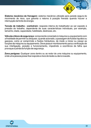 51
NO RMA DE SEGUR ANÇA
NR-12
NORMA
REGULAMENTADORA
Sistema mecânico de frenagem: sistema mecânico utilizado para parada segura do
movimento de risco, que garanta o retorno à posição frenado quando houver a
interrupção da fonte de energia.
Tensão de trabalho - workstrain: resposta interna do trabalhador ao ser exposto à
pressão de trabalho, dependente de suas características individuais, por exemplo,
tamanho, idade, capacidade, habilidade, destrezas,etc.
Válvula e bloco de segurança:componente conectado à máquina ou equipamento com
a ﬁnalidade de permitir ou bloquear, quando acionado, a passagem de ﬂuidos líquidos ou
gasosos, como ar comprimido e ﬂuidos hidráulicos, de modo a iniciar ou cessar as
funções da máquina ou equipamento. Deve possuir monitoramento para a veriﬁcação de
sua interligação, posição e funcionamento, impedindo a ocorrência de falha que
provoque a perda da função de segurança.
Zona perigosa: Qualquer zona dentro ou ao redor de uma máquina ou equipamento,
onde uma pessoa possa ﬁcarexposta a risco de lesão ou dano à saúde.
 