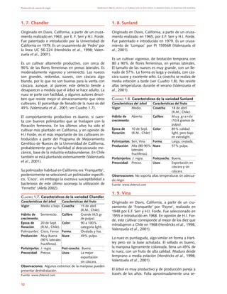 Producción de nueces de nogal	 Manuales FIA de APOYO A LA FORMACIÓN DE RECURSOS HUMANOS PARA LA INNOVACIÓN AGRARIA
12
1. 7. Chandler
Originado en Davis, California, a partir de un cruza-
miento realizado en 1963, por E. F. Serr y H.I. Forde.
Fue patentado e introducido por la Universidad de
California en 1979. Es un cruzamiento de ‘Pedro’ por
la línea UC 56-224 (Hendricks et al., 1998; Valen-
zuela et al., 2001).
Es un cultivar altamente productivo, con cerca de
90% de las flores femeninas en yemas laterales. Es
moderadamente vigoroso y semierecto. Las nueces
son grandes, redondas, suaves, con cáscara algo
blanda, por lo que no son buenas para la venta con
cáscara, aunque, al parecer, este defecto tiende a
desaparecer a medida que el árbol se hace adulto. La
nuez se parte con facilidad, y algunos autores descri-
ben que resiste mejor el almacenamiento que otros
cultivares. El porcentaje de llenado de la nuez es del
49% (Valenzuela et al., 2001; ver Cuadro 1.7).
El comportamiento productivo es bueno, si cuen-
ta con buenos polinizantes que se traslapen con la
floración femenina. En los últimos años ha sido el
cultivar más plantado en California, y en opinión de
H.I Forde, es el más importante de los cultivares in-
troducidos a partir del Programa de Mejoramiento
Genético de Nueces de la Universidad de California,
probablemente por su facilidad al descascarado me-
cánico, base de la industria estadounidense. En Chile
también se está plantando extensamente (Valenzuela
et al., 2001).
Su polinizador habitual en California era ‘Franquette’,
posteriormente se seleccionó un polinizador específi-
co, ‘Cisco’, sin embargo la excesiva susceptibilidad a
bacteriosis de este último aconseja la utilización de
‘Fernette’ (Aletà 2002).
Cuadro 1.7. Características de la variedad Chandler
Características del árbol 	 Características del fruto
Vigor: 	 Medio a bajo. 	Cosecha: 	 15 de abril 		
			 (R.M., Chile).
Hábito de 	 Semierecto. 	 Calibre: 	 Grande (6,5 gr
crecimiento: 			 de pulpa).
Época de 	 20 de Sept. 	 Color: 	 90 a 100%
floración: 	 (R.M., Chile). 		 categoría light.
Polinizantes: 	Cisco, Ferror. 	 Forma: 	 Ovalada y lisa.
Producción: 	 Muy Buena 	 Nuez: 	 49% pulpa.
	 (90% laterales
	 fructíferas). 	
Portainjertos: 	J. regia. 	 Post-cosecha: 	Buena.
Precocidad: 	 Precoz. 	 Usos: 	La mejor
			 exportación 		
			 sin cáscara.
Observaciones: Algunos extremos de la mariposa pueden
presentar deshidratación.
Fuente: www.chilenut.com
1. 8. Sunland
Originado en Davis, California, a partir de un cruza-
miento realizado en 1965, por E.F. Serr y H.I. Forde.
Fue patentado e introducido en 1979. Es un cruza-
miento de ‘Lompoc’ por PI 159568 (Valenzuela et
al., 2001).
Es un cultivar vigoroso, de brotación temprana con
80 a 90% de flores femeninas, en yemas laterales.
El tamaño de las nueces es muy grande, con un lle-
nado de 57%. La forma es larga y ovalada, con cás-
cara suave y excelente sello. La cosecha se realiza de
media estación a tarde (ver Cuadro 1.8). No resiste
altas temperaturas durante el verano (Valenzuela et
al., 2001).
Cuadro 1.8. Características de la variedad Sunland
Características del árbol 	 Características del fruto
Vigor: 	 Medio. 	 Cosecha: 	 18 de abril 		
			 (R.M., Chile).
Hábito de 	Abierto. 	 Calibre: 	 Muy grande 	
crecimiento: 			 (10,4 gramos de 	
			 pulpa).
Época de 	 10 de Sept. 	 Color: 	 85% calidad
floración: 	 (R.M., Chile) 		 light, pero bajo 	
			 en extralight.
Polinizantes: 	Serr, Vina 	 Forma: 	Larga, ovalada.
Producción: 	Alta (80-90% 	Nuez: 	 57% pulpa.
	 laterales
	 fructíferas). 	
Portainjertos: J. regia. 	 Postcosecha: 	Buena.
Precocidad: 	 Precoz. 	 Usos: 	 Exportación en 	
			 cáscara y sin 		
			 cáscara.
Observaciones: No soporta altas temperaturas sin adecua-
do riego.
Fuente: www.chilenut.com
1. 9. Vina
Originado en Davis, California, a partir de un cru-
zamiento de ‘Franquette’ por ‘Payne’, realizado en
1948 por E.F. Serr y H.I. Forde. Fue seleccionado en
1955 e introducido en 1968. En opinión de H.I. For-
de, este cultivar corresponde al mejor de los diez que
introdujeron a Chile en 1968 (Hendricks et al., 1998;
Valenzuela et al., 2001).
La nuez es puntiaguda, algo similar en forma a Hart-
ley pero sin la base achatada. El sellado es bueno,
la mariposa ligeramente coloreada, llena un 49% de
la nuez, con un fruto de alta calidad. Madura desde
temprano a media estación (Hendricks et al., 1998;
Valenzuela et al., 2001).
El árbol es muy productivo y de producción pareja a
través de los años. Folia aproximadamente una se-
 