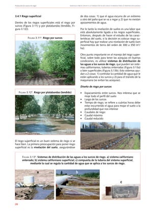 Producción de nueces de nogal	 Manuales FIA de APOYO A LA FORMACIÓN DE RECURSOS HUMANOS PARA LA INNOVACIÓN AGRARIA
28
3.4.1 Riego superficial
Dentro de los riegos superficiales está el riego por
surcos (Figura 3.11) y por platabandas (tendido, Fi-
gura 3.12)).
El riego superficial es un buen sistema de riego si se
hace bien. La primera preocupación para poner riego
superficial es la nivelación del suelo, asegurándose
de dos cosas: 1) que el agua escurra de un extremo
a otro del paño que se va a regar y 2) que no existan
apozamientos de agua.
Por lo tanto la nivelación de suelos es una labor que
está absolutamente ligada a los riegos superficiales.
Entonces, después de hacer el estudio de las carac-
terísticas del suelo, si la decisión es colocar riego su-
perficial hay que realizar una nivelación de suelo (son
movimientos de tierra del orden de 300 a 350 m3
/
ha).
Otro punto importante en el manejo del riego super-
ficial, sobre todo para tener las acequias en buenas
condiciones, es utilizar sistemas de distribución de
las aguas a los surcos de riego, que pueden ser siste-
mas californianos; tuberías enterradas (Figura 3.13a)
o bien superficiales (Figura 3,13b). Esto sistemas ayu-
dan a 2 cosas: 1) controlar la cantidad de agua que le
están aplicando a los surcos y 2) para el tránsito de la
maquinaria (se evitan las acequias).
Diseño de riego por surcos
•	 Espaciamiento entre surcos. Nos interesa que se
moje todo el perfil del suelo
•	 Largo de los surcos
•	 Tiempo de riego; se refiere a cuántas horas debe
estar escurriendo el agua para mojar el suelo a la
profundidad que nos interese
•	 Caudales de riego:
•	 Caudal máximo
•	 Caudal reducido
Figura 3.114
. Riego por surcos
Figura 3.124
. Riego por platabandas (tendido)
Figura 3.134
. Sistemas de distribución de las aguas a los surcos de riego. a) sistema californiano
enterrado; b) sistema californiano superficial; c) compuerta de la tubería del sistema superficial,
mediante la cual se regula la cantidad de agua que se aplica a los surcos de riego.
a b
c
 