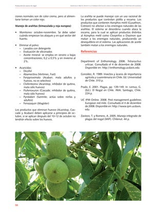 Producción de nueces de nogal	 Manuales FIA de APOYO A LA FORMACIÓN DE RECURSOS HUMANOS PARA LA INNOVACIÓN AGRARIA
50
ciones normales son de color crema, pero al alimen-
tarse toman un color rojo.
Manejo de arañitas (bimaculada y roja europea)
•	 Monitoreo: octubre-noviembre. Se debe saber
cuándo empiezan los ataques y en qué sector del
huerto.
•	 Eliminar el polvo:
–	Lavados con detergente
–	 Evaluación de siliconados
–	Aceite mineral: se emplea en verano a bajas
concentraciones; 0,2 a 0,5% y en invierno al
2%.
•	 Acaricidas:
–	 Dicofol
–	Abamectina (Vertimec, Fast)
–	 Fenpyroximato (Acaban; mata adultos y
huevos, no es selectivo)
–	 Clofentezina (Acaristop; inhibidor de quitina,
mata sólo huevos)
–	 Flufenoxuron (Cascade; inhibidor de quitina,
mata sólo huevos)
–	 Pyridaben (Sanmite; actúa sobre ninfas y
adultos)
–	 Fenazaquin (Magíster)
Los productos que eliminan huevos (Acaristop, Cas-
cade y Acaban) deben aplicarse a principios de oc-
tubre, si se aplican después del 10-12 de octubre no
tendrán efecto sobre los huevos.
La arañita se puede manejar con un uso racional de
los productos que controlan polilla y escama. Los
productos que contienen Azinphos metil (Gusathion,
Cotnion) no afectan a los enemigos naturales de las
arañitas. El sistema se desordena cuando ataca la
escama, para la cual se aplican productos distintos
al Azinphos metil como Clorpirifos o Diazinon que
matan a los enemigos naturales, produciendo un
desequilibrio en el sistema. Las aplicaciones de aceite
también matan a los enemigos naturales.
Referencias
Department of Enthomology. 2008. Tetranychus
urticae. Consultado el 4 de diciembre de 2008.
Disponible en: http://enthomology.ucdavis.edu
González, R. 1989. Insectos y ácaros de importancia
agrícola y cuarentenaria en Chile. Ed. Universidad
de Chile. 310 p.
Prado, E. 2001. Plagas. pp: 139-149. In: Lemus, G.
(Ed.). El Nogal en Chile. INIA. Santiago, Chile.
224 p.
UC IPM Online. 2008. Pest management guidelines
European red mite. Consultado el 4 de diciembre
de 2008. Disponible en: http://www.ipm.ucdavis.
edu
Zaviezo, T. y Romero, A. 2005. Manejo integrado de
plagas del nogal (MIP). Chilenut. 44 p.
 