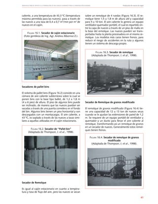 Manuales FIA de APOYO A LA FORMACIÓN DE RECURSOS HUMANOS PARA LA INNOVACIÓN AGRARIA		 Producción de nueces de nogal
61
caliente, a una temperatura de 43,3 ºC (temperatura
máxima permitida para las nueces), pasa a través de
las nueces a una tasa de 0,4 a 0,7 m3
/min por m3
de
nueces en el cajón.
Secadores de pallet bins
El sistema de pallet bins (Figura 16.2) consiste en una
cámara de aire caliente subterránea sobre la cual se
ponen bins con la base tipo ballet, de 1,2 a 1,8 m
(4 a 6 pies) de altura. El piso de algunos bins puede
ser inclinado, de manera que las nueces puedan ser
sacadas a través de una puerta corredera en el fondo
del bin. Algunos bins tienen un piso horizontal y son
descargados con un montacargas. El aire caliente, a
43 ºC, es soplado a través de las nueces a tasas simi-
lares a aquellas utilizadas en el cajón estacionario.
Secador de Remolque
Es igual al cajón estacionario en cuanto a tempera-
tura y tasa de flujo del aire, pero las nueces se secan
Figura 16.1. Secador de cajón estacionario
(Foto gentileza de Ing. Agr. Andrea Albornoz Z.).
Figura 16.2. Secador de “Pallet bin”
(Adaptada de Thompson, J. et al., 1998).
sobre un remolque de 4 ruedas (Figura 16.3). El re-
molque tiene 1,5 a 1,8 m de altura útil y capacidad
para 5 a 10 ton. El aire caliente lo genera un equipo
ventilador-quemador portátil, el cual es repartido en-
tre la capa de nueces a través de un piso de malla en
la base del remolque. Las nueces pueden ser trans-
portadas hasta la planta procesadora en el mismo re-
molque. Los modelos más caros tienen frenos, para
reducir el riesgo de accidentes en la ruta y algunos
tienen un sistema de descarga propio.
Secador de Remolque de granos modificado
El remolque de granos modificado (Figura 16.4) tie-
ne una capacidad de 12 a 13 ton de nueces secas
cuando se le ajustan las extensiones de pared de 1,2
m. Se requiere de un equipo portátil de ventilador y
quemador y un ducto para llevar el aire caliente al
remolque, transformando así un remolque de granos
en un secador de nueces. Generalmente estos remol-
ques tienen frenos.
Figura 16.3. Secador de remolque
(Adaptada de Thompson, J. et al., 1998).
Figura 16.4. Secador de remolque de granos
modificado
(Adaptada de Thompson, J. et al., 1998).
 