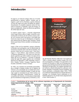 Manuales FIA de APOYO A LA FORMACIÓN DE RECURSOS HUMANOS PARA LA INNOVACIÓN AGRARIA		 Producción de nueces de nogal
7
Introducción
El nogal es un frutal de antigua data en el mundo
perteneciente al género Juglans, nombre que se
originó a partir de los Romanos, quienes llamaron
al fruto del nogal Jovis glans (la bellota de Júpiter).
Actualmente se considera originario tanto de Asia,
entre el Cáucaso y Turkestán, como de Europa, en
épocas postglaciales, dadas las diferencias genéticas
de ambos tipos de nuez.
La especie Juglans regia L., conocida vulgarmente
como nogal común, persa o inglés, comenzó su do-
mesticación en Persia y de ahí se llevó a Grecia, don-
de se le conoció como nuez persa o real (dado que
fueron los reyes los que la introdujeron al imperio),
para diferenciarla de algunos tipos silvestres. Desde
Grecia pasó hasta China y también se distribuyó por
Europa.
Llegó a Chile con los españoles, quienes cultivaban
la llamada nuez portuguesa, que se diferenciaba de
la francesa conocida como nuez de los Cárpatos. A la
primera, hasta hoy se le conoce como “nuez Acon-
cagua” o “nuez chilena”. Esta comenzó a enviarse
a California alrededor de 1770, junto con otros pro-
ductos agrícolas que Chile vendía en la época de la
fiebre del oro en California. Y durante la segunda
mitad del siglo XIX, según registros de la Sociedad
Nacional de Agricultura, Chile exportaba nueces a
Perú, Estados Unidos, Uruguay, Argentina Brasil,
Ecuador, Colombia e incluso a Europa.
En 1922, una comisión de connotadas personalida-
des se dirigió a Estados Unidos con el objetivo de
informar a las autoridades de la realidad del comer-
cio de la fruta en distintos Estados. A partir de este
viaje surgió la necesidad de que Chile contara con
variedades adecuadas. Posteriormente, a partir de
una política de fomento a la fruticultura emprendida
por los ministerios de Agricultura y Fomento y a tra-
vés del Decreto Número 2402 del 17 de agosto de
1928, se decide adquirir árboles frutales con el fin
de ser propagados y vendidos a los agricultores. Esta
iniciativa se concretó en 1929, con la introducción al
país por parte del Departamento de Arboricultura del
Ministerio de Agricultura, de nogales injertados des-
de California, donde destacaban los cultivares como
Eureka, Mayette, Franquette y Payne’s Seedling, que
fueron plantados y estudiados desde 1935 a 1938
en la Estación Experimental de la Quinta Normal en
Santiago. Los resultados fueron publicados en los
boletines Números 19 y 20 del mismo departamento
el año 1939 (Cuadro 1).
Cuadro 1. Características de las nueces de los cultivares importados por el Departamento de Fruticultura.
Campo Experimental de Santiago, 1939.
Cultivar	 Nº de	 Rendimiento	 Nueces extras 	 Nueces color 	 Desecho, nueces
	 Frutos/Kg.	 de semilla 	 color amarillo 	 amarillo 	 negras y chupadas
		 (%)	 (%)	 (%)	 (%)
Eureka	 76	 47,7	 27,3	 17,1	 3,3
Franquette	 84	 47,6	 35,3	 10,7	 1,6
Payne’s Seedling	 93	 51,6	 32,6	 13,4	 5,6
Mayette	 107	 50,9	 31,4	 15	 4,5
Fuente: Lemus, G; Valenzuela, J. y Lobato, A. 2001.
 