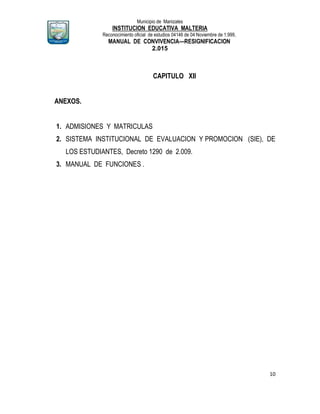 Municipio de Manizales
INSTITUCION EDUCATIVA MALTERIA
Reconocimiento oficial de estudios 04146 de 04 Noviembre de 1.999,
MANUAL DE CONVIVENCIA—RESIGNIFICACION
2.015
10
CAPITULO XII
ANEXOS.
1. ADMISIONES Y MATRICULAS
2. SISTEMA INSTITUCIONAL DE EVALUACION Y PROMOCION (SIE), DE
LOS ESTUDIANTES, Decreto 1290 de 2.009.
3. MANUAL DE FUNCIONES .
 