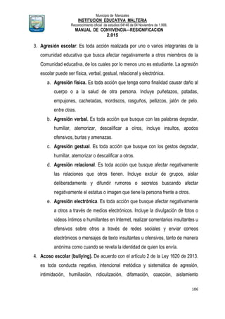 Municipio de Manizales
INSTITUCION EDUCATIVA MALTERIA
Reconocimiento oficial de estudios 04146 de 04 Noviembre de 1.999,
MANUAL DE CONVIVENCIA—RESIGNIFICACION
2.015
106
3. Agresión escolar: Es toda acción realizada por uno o varios integrantes de la
comunidad educativa que busca afectar negativamente a otros miembros de la
Comunidad educativa, de los cuales por lo menos uno es estudiante. La agresión
escolar puede ser física, verbal, gestual, relacional y electrónica.
a. Agresión física. Es toda acción que tenga como finalidad causar daño al
cuerpo o a la salud de otra persona. Incluye puñetazos, patadas,
empujones, cachetadas, mordiscos, rasguños, pellizcos, jalón de pelo.
entre otras.
b. Agresión verbal. Es toda acción que busque con las palabras degradar,
humillar, atemorizar, descalificar a oíros, incluye insultos, apodos
ofensivos, burlas y amenazas.
c. Agresión gestual. Es toda acción que busque con los gestos degradar,
humillar, atemorizar o descalificar a otros.
d. Agresión relacional. Es toda acción que busque afectar negativamente
las relaciones que otros tienen. Incluye excluir de grupos, aislar
deliberadamente y difundir rumores o secretos buscando afectar
negativamente el estatus o imagen que tiene la persona frente a otros.
e. Agresión electrónica. Es toda acción que busque afectar negativamente
a otros a través de medios electrónicos. Incluye la divulgación de fotos o
videos íntimos o humillantes en Internet, realizar comentarios insultantes u
ofensivos sobre otros a través de redes sociales y enviar correos
electrónicos o mensajes de texto insultantes u ofensivos, tanto de manera
anónima como cuando se revela la identidad de quien los envía.
4. Acoso escolar (buliying). De acuerdo con el artículo 2 de la Ley 1620 de 2013.
es toda conducta negativa, intencional metódica y sistemática de agresión,
intimidación, humillación, ridiculización, difamación, coacción, aislamiento
 