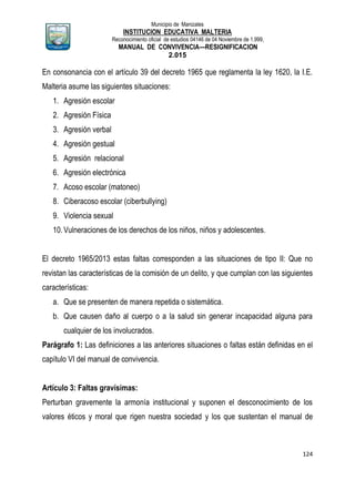 Municipio de Manizales
INSTITUCION EDUCATIVA MALTERIA
Reconocimiento oficial de estudios 04146 de 04 Noviembre de 1.999,
MANUAL DE CONVIVENCIA—RESIGNIFICACION
2.015
124
En consonancia con el artículo 39 del decreto 1965 que reglamenta la ley 1620, la I.E.
Malteria asume las siguientes situaciones:
1. Agresión escolar
2. Agresión Física
3. Agresión verbal
4. Agresión gestual
5. Agresión relacional
6. Agresión electrónica
7. Acoso escolar (matoneo)
8. Ciberacoso escolar (ciberbullying)
9. Violencia sexual
10.Vulneraciones de los derechos de los niños, niños y adolescentes.
El decreto 1965/2013 estas faltas corresponden a las situaciones de tipo II: Que no
revistan las características de la comisión de un delito, y que cumplan con las siguientes
características:
a. Que se presenten de manera repetida o sistemática.
b. Que causen daño al cuerpo o a la salud sin generar incapacidad alguna para
cualquier de los involucrados.
Parágrafo 1: Las definiciones a las anteriores situaciones o faltas están definidas en el
capítulo VI del manual de convivencia.
Artículo 3: Faltas gravísimas:
Perturban gravemente la armonía institucional y suponen el desconocimiento de los
valores éticos y moral que rigen nuestra sociedad y los que sustentan el manual de
 