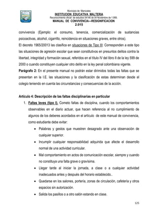 Municipio de Manizales
INSTITUCION EDUCATIVA MALTERIA
Reconocimiento oficial de estudios 04146 de 04 Noviembre de 1.999,
MANUAL DE CONVIVENCIA—RESIGNIFICACION
2.015
125
convivencia (Ejemplo: el consumo, tenencia, comercialización de sustancias
psicoactivas, alcohol, cigarrillo, reincidencia en situaciones graves, entre otros).
El decreto 1965/20013 las clasifica en situaciones de Tipo III: Corresponden a este tipo
las situaciones de agresión escolar que sean constitutivos en presuntos delitos contra la
libertad, integridad y formación sexual, referidos en el título IV del libro II de la ley 599 de
2000 o cuando constituyen cualquier otro delito en la ley penal colombiana vigente.
Parágrafo 2: En el presente manual no podrán estar dirimidos todas las faltas que se
presentan en la I.E. las situaciones y la clasificación de estas determinan desde el
colegio teniendo en cuenta las circunstancias y consecuencias de la acción.
Artículo 4: Descripción de las faltas disciplinarias en particular
1. Faltas leves (tipo I). Cometo faltas de disciplina, cuando los comportamientos
observables en el diario actuar, que hacen referencia al no cumplimiento de
algunos de los deberes acordados en el artículo de este manual de convivencia,
como estudiante debe evitar:
 Palabras y gestos que muestren desagrado ante una observación de
cualquier superior.
 Incumplir cualquier responsabilidad adquirida que afecte el desarrollo
normal de una actividad curricular.
 Mal comportamiento en actos de comunicación escolar, siempre y cuando
no constituya una falta grave o gravísima.
 Llegar tarde al iniciar la jornada, a clase o a cualquier actividad
inadecuados antes y después del horario establecido..
 Quedarse en los salones, portería, zonas de circulación, cafetería y otros
espacios sin autorización.
 Salida los pasillos o a otro salón estando en clase.
 