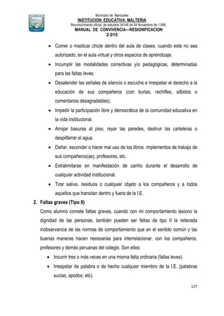 Municipio de Manizales
INSTITUCION EDUCATIVA MALTERIA
Reconocimiento oficial de estudios 04146 de 04 Noviembre de 1.999,
MANUAL DE CONVIVENCIA—RESIGNIFICACION
2.015
127
 Comer o masticar chicle dentro del aula de clases, cuando este no sea
autorizado, en el aula virtual y otros espacios de aprendizaje.
 Incumplir las modalidades correctivas y/o pedagógicas, determinadas
para las faltas leves.
 Desatender las señales de silencio o escucha e irrespetar el derecho a la
educación de sus compañeros (con burlas, rechifles, silbidos o
comentarios desagradables).
 Impedir la participación libre y democrática de la comunidad educativa en
la vida institucional.
 Arrojar basuras al piso, rayar las paredes, destruir las carteleras o
despilfarrar el agua.
 Dañar, esconder o hacer mal uso de los libros implementos de trabajo de
sus compañeros(as), profesores, etc.
 Extralimitarse en manifestación de cariño durante el desarrollo de
cualquier actividad institucional.
 Tirar saliva, residuos o cualquier objeto a los compañeros y a todos
aquellos que transitan dentro y fuera de la I.E.
2. Faltas graves (Tipo II)
Como alumno comete faltas graves, cuando con mi comportamiento lesiono la
dignidad de las personas, también pueden ser faltas de tipo II la reiterada
inobservancia de las normas de comportamiento que en el sentido común y las
buenas maneras hacen necesarias para interrelacionar, con los compañeros,
profesores y demás peruanas del colegio. Son ellos:
 Incurrir tres o más veces en una misma falta ordinaria (fallas leves).
 Irrespetar de palabra o de hecho cualquier miembro de la I.E. (palabras
sucias, apodos, etc).
 