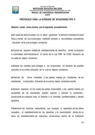 Municipio de Manizales
INSTITUCION EDUCATIVA MALTERIA
Reconocimiento oficial de estudios 04146 de 04 Noviembre de 1.999,
MANUAL DE CONVIVENCIA—RESIGNIFICACION
2.015
178
PROTOCOLO PARA LA ATENCION DE SITUACIONES TIPO II
Deberán contar como mínimo con el siguiente procedimiento:
a-En casos de daño al cuerpo o a la salud , garantizar la atención inmediata en salud
física y mental de los involucrados; mediante remisión a las entidades competentes
. Actuación de la cual se dejara constancia.
b-Cuando se requiera medida de restablecimiento de derechos , remitir la situación
a autoridades administrativas en el marco de la Ley 1098 de 2.006. Actuacion de
la cuales se dejara constancia
c-Adoptar las medidas para proteger a los involucrados en situación de posibles
acciones en su contra, actuación de la cual se dejaran constancia.
d-Informar de forma inmediata a los padres, madres y/o Acudientes de los
estudiantes involucrados. Actuación de la cual se dejara constancia escrita.
e-Generar espacios en los cuales las partes involucradas y los padres madres y/o
acudientes de los estudiantes, puedan exponer y precisar lo acontecido ;
preservando en cualquier caso el derecho a la intimidad , confidencialidad y demás
derechos.
f-Determinar las acciones restaurativas, que busquen la reparación de los daños
causados , el restablecimiento de los derechos y la reconciliación, dentro de un
clima de restablecimiento de relaciones constructivas dentro de la Institución
 