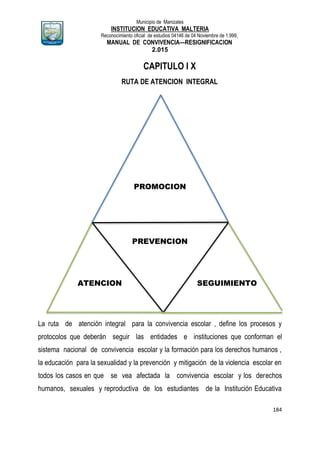 Municipio de Manizales
INSTITUCION EDUCATIVA MALTERIA
Reconocimiento oficial de estudios 04146 de 04 Noviembre de 1.999,
MANUAL DE CONVIVENCIA—RESIGNIFICACION
2.015
184
CAPITULO I X
RUTA DE ATENCION INTEGRAL
PROMOCION
PREVENCION
ATENCION SEGUIMIENTO
La ruta de atención integral para la convivencia escolar , define los procesos y
protocolos que deberán seguir las entidades e instituciones que conforman el
sistema nacional de convivencia escolar y la formación para los derechos humanos ,
la educación para la sexualidad y la prevención y mitigación de la violencia escolar en
todos los casos en que se vea afectada la convivencia escolar y los derechos
humanos, sexuales y reproductiva de los estudiantes de la Institución Educativa
 