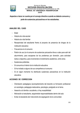 Municipio de Manizales
INSTITUCION EDUCATIVA MALTERIA
Reconocimiento oficial de estudios 04146 de 04 Noviembre de 1.999,
MANUAL DE CONVIVENCIA—RESIGNIFICACION
2.015
195
Aspectos a tener en cuenta por el concejo directivo cuando se detecta consumo y
porte de sustancias psicoactivas en los estudiantes.
ANALISIS DEL CASO
- Edad
- Historia de vida escolar
- Historia de vida familiar
- Receptividad del estudiante frente al proyecto de presencia de drogas de la
institución educativa
- Frecuencia en el consumo
- Patrón de uso (si el consumo de sustancias psicoactiva lleva a cabo para salir del
aburrimiento, para escaparse de los problemas por diversión, para actividad
lúdica o deportiva, para incrementar el rendimiento académico, entre otros.
- Sustancias preferidas
- Si consumía al interior de la institución educativa
- Si ha incitado a alguno de sus compañeros al consumo
- Si en algún momento ha distribuido sustancias psicoactivas en la institución
educativa
ACCIONES DE CORRECCION
- Orientación pedagógica (acompañamiento del docente co formación profesional
en sociología, pedagogía reeducativa, psicología, postgrado en el tema.
- Asesoría a la familia o acudiente, si hay receptibilidad
- Motivación al estudiante, asignándole responsabilidades dentro del aula
- Evitar al estudiante der instrumento de segregación de la comunidad.
 