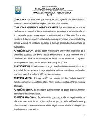 Municipio de Manizales
INSTITUCION EDUCATIVA MALTERIA
Reconocimiento oficial de estudios 04146 de 04 Noviembre de 1.999,
MANUAL DE CONVIVENCIA—RESIGNIFICACION
2.015
37
CONFLICTOS. Son situaciones que se caracterizan porque hay uno incompatibilidad
real o percibido entre una o varias personas frente o sus intereses.
CONFLICTOS MANEJADOS INADECUADAMENTE. Son situaciones en las que los
conflictos no son resueltos de manera constructiva y dan lugar a hechos que afectan
la convivencia escolar, como altercados, enfrentamientos o riñas entre dos o más
miembros de la comunidad educativa de los cuales por lo menos uno es estudiante y
siempre y cuando no exista uno afectación al cuerpo o a la salud de cualquiera de los
involucrados.
AGRESIÓN ESCOLAR. Es toda acción realizada por uno o varios integrantes de la
comunidad educativo que busca afectar negativamente a otros miembros de la
comunidad educativa, de los cuales por lo menos uno es estudiante. Lo agresión
escotar puede ser física, verbal, gestual, relacional y electrónica.
AGRESIÓN FÍSICA. Es toda acción que tenga como finalidad causar daño al cuerpo o
a lo salud de otro persona. Incluye puñetazos, patadas, empujones, cachetadas,
mordiscos, rasguños, pellizcos, jalón de pelo, entre otros.
AGRESIÓN VERBAL. Es todo acción que busque con las palabras degradar,
humillar, atemorizar, descalificar a otros. Incluye insultos, apodos ofensivos, burlas y
amenazas.
AGRESIÓN GESTUAL. Es toda acción que busque con tos gestos degradar, humillar,
atemorizar o descalificar a otros.
AGRESIÓN RELACIONAL Es toda acción que busque afectar negativamente las
relaciones que otros tienen. Incluye excluir de grupos, aislar deliberadamente y
difundir rumores o secretos buscando afectar negativamente el estatus o imagen que
tiene la persona frente a otros.
 