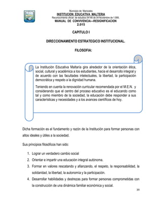 Municipio de Manizales
INSTITUCION EDUCATIVA MALTERIA
Reconocimiento oficial de estudios 04146 de 04 Noviembre de 1.999,
MANUAL DE CONVIVENCIA—RESIGNIFICACION
2.015
39
CAPITULO I
DIRECCIONAMIENTO ESTRATEGICO INSTITUCIONAL.
FILOSOFIA:
Dicha formación es el fundamento y razón de la Institución para formar personas con
altos ideales y útiles a la sociedad.
Sus principios filosóficos han sido:
1. Lograr un verdadero cambio social
2. Orientar e impartir una educación integral autónoma.
3. Formar en valores rescatando y afianzando, el respeto, la responsabilidad, la
solidaridad, la libertad, la autonomía y la participación.
4. Desarrollar habilidades y destrezas para formar personas comprometidas con
la construcción de una dinámica familiar económica y social.
La Institución Educativa Maltaría gira alrededor de la orientación ética,
social, cultural y académica a los estudiantes, hacia el desarrollo integral y
de acuerdo con las facultades intelectuales, la libertad, la participación
democrática y respeto a la dignidad humana.
Teniendo en cuenta la renovación curricular recomendada por el M.E.N. y
considerando que el centro del proceso educativo es el educando como
tal y como miembro de la sociedad, la educación debe responder a sus
características y necesidades y a los avances científicos de hoy.
 