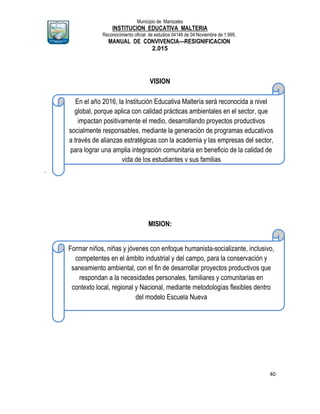 Municipio de Manizales
INSTITUCION EDUCATIVA MALTERIA
Reconocimiento oficial de estudios 04146 de 04 Noviembre de 1.999,
MANUAL DE CONVIVENCIA—RESIGNIFICACION
2.015
40
VISION
.
MISION:
Formar niños, niñas y jóvenes con enfoque humanista-socializante, inclusivo,
competentes en el ámbito industrial y del campo, para la conservación y
saneamiento ambiental, con el fin de desarrollar proyectos productivos que
respondan a la necesidades personales, familiares y comunitarias en
contexto local, regional y Nacional, mediante metodologías flexibles dentro
del modelo Escuela Nueva
En el año 2016, la Institución Educativa Maltería será reconocida a nivel
global, porque aplica con calidad prácticas ambientales en el sector, que
impactan positivamente el medio, desarrollando proyectos productivos
socialmente responsables, mediante la generación de programas educativos
a través de alianzas estratégicas con la academia y las empresas del sector,
para lograr una amplia integración comunitaria en beneficio de la calidad de
vida de los estudiantes y sus familias
 